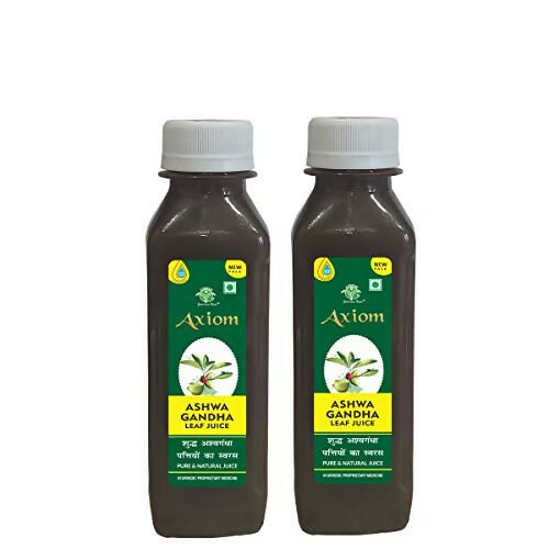 Axiom Ashwagandha leaf juice bottle, an Ayurvedic drink with fresh green leaves and herbal ingredients in clear glass.