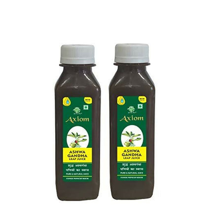 Axiom Ashwagandha leaf juice bottle, an Ayurvedic drink with fresh green leaves and herbal ingredients in clear glass.