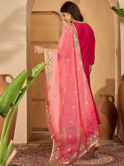 Indyancart SN Women's Embroidered Gota Work Straight Kurta & Trousers With Dupatta