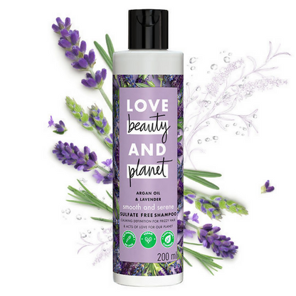 Love Beauty and Planet argan oil and lavender anti-frizz shampoo, conditioner, and hair serum combo for smooth, nourished hair.