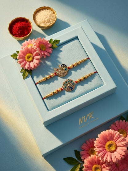 Anouk Set Of 2 Peacock & Ghungroo Design Multicolor Thread Rakhi With Roli Chawal Chandan