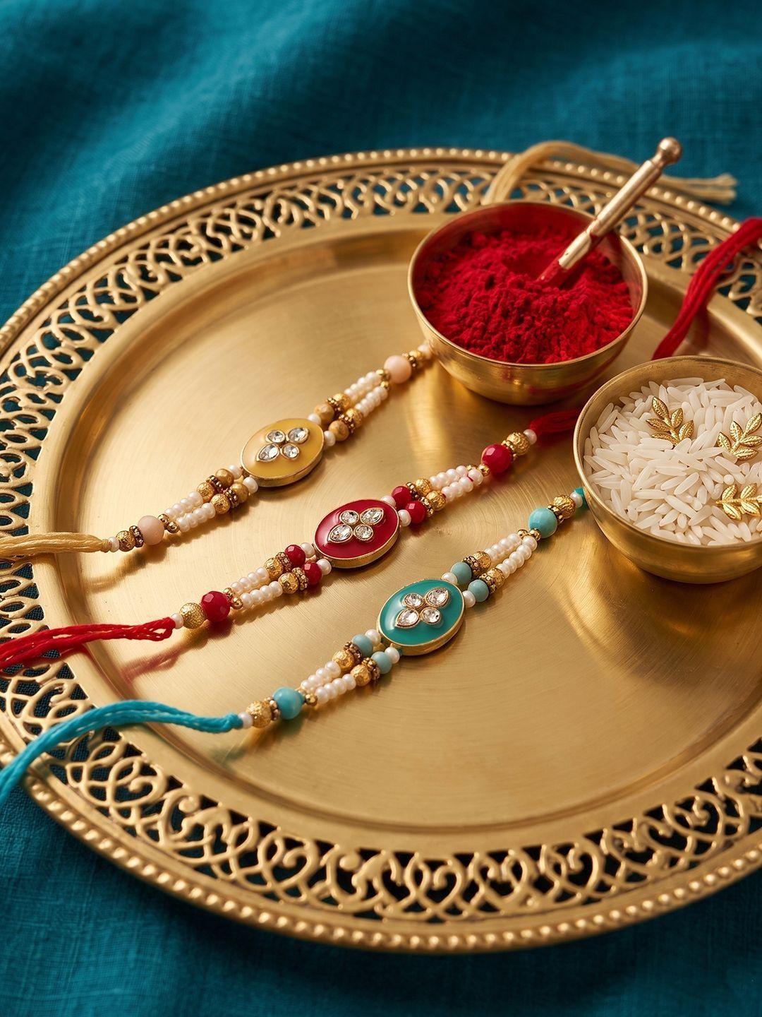 Anouk Set Of 3 Multicolor Artificial Beads & White Pearls Thread Rakhi With Roli Chawal