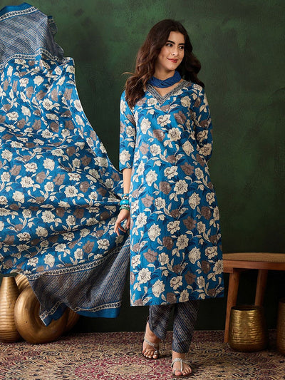 Indyancart SN Women's Floral Printed Sequinned V-Neck Pure Cotton Straight Kurta & Trouser With Dupatta
