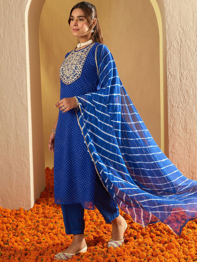 Indyancart IE Leheriya Embroidered Georgette Straight Kurta With Trousers & Dupatta