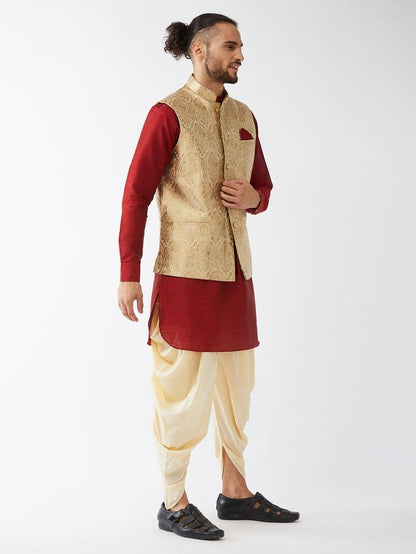 Men's Maroon Silk Blend Straight Jacket  Kurta and Dhoti Set