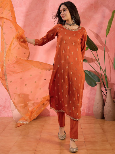 Indyancart SN Women's Orange Ethnic Motifs Woven Design Sequinned Kurta With Trousers And Dupatta