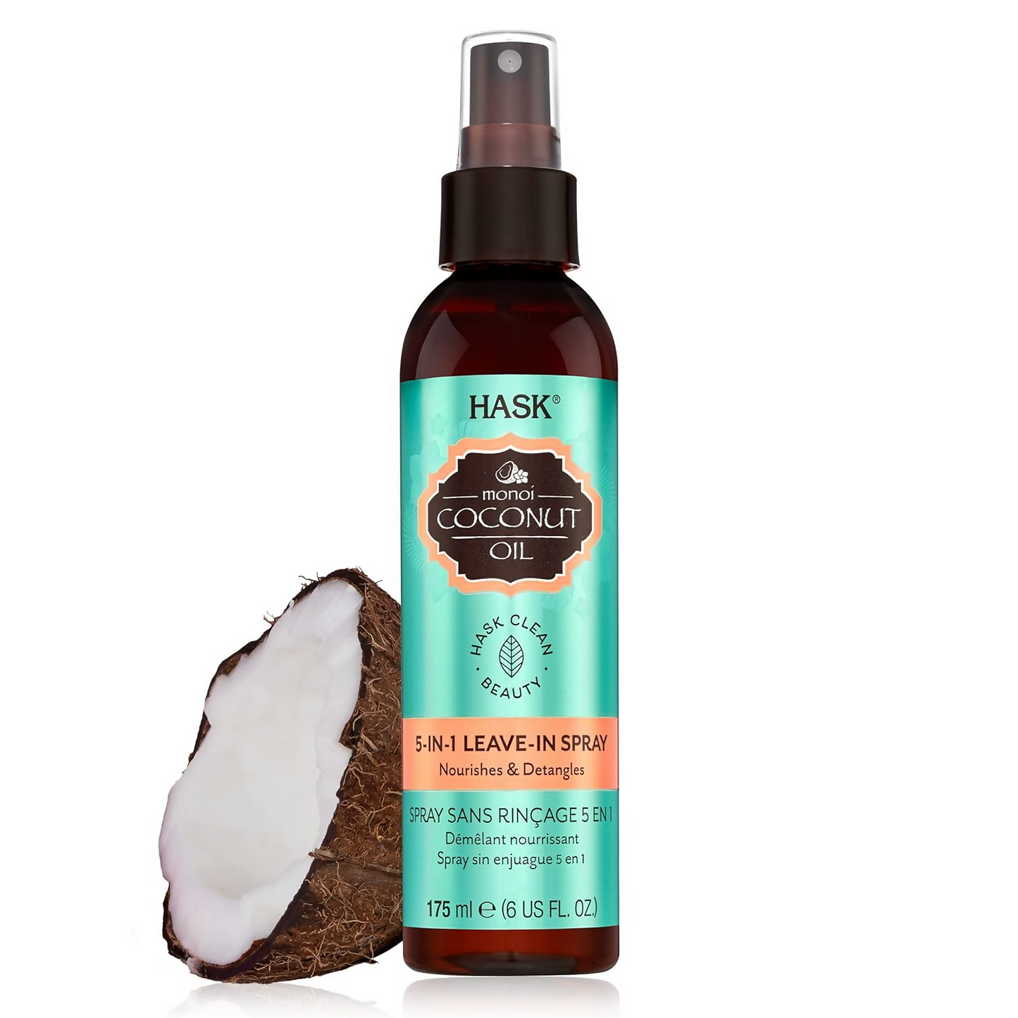 HASK Monoi Coconut Oil Leave-In Hair Spray in a clear spray bottle with a white and purple label, designed for nourishing hair.