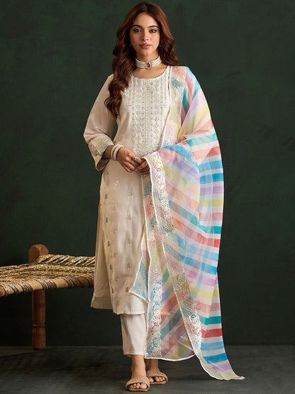 Cream Coloured Floral Embroidered Pure Cotton Kurta with Trousers & Dupatta