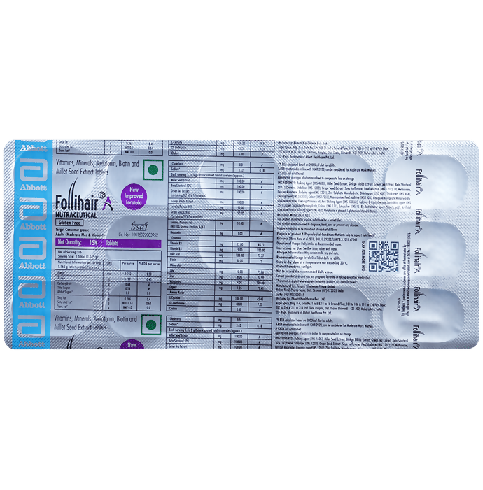Abbott Follihair A gluten-free hair care tablets, showing the supplement bottle with label and tablets inside.