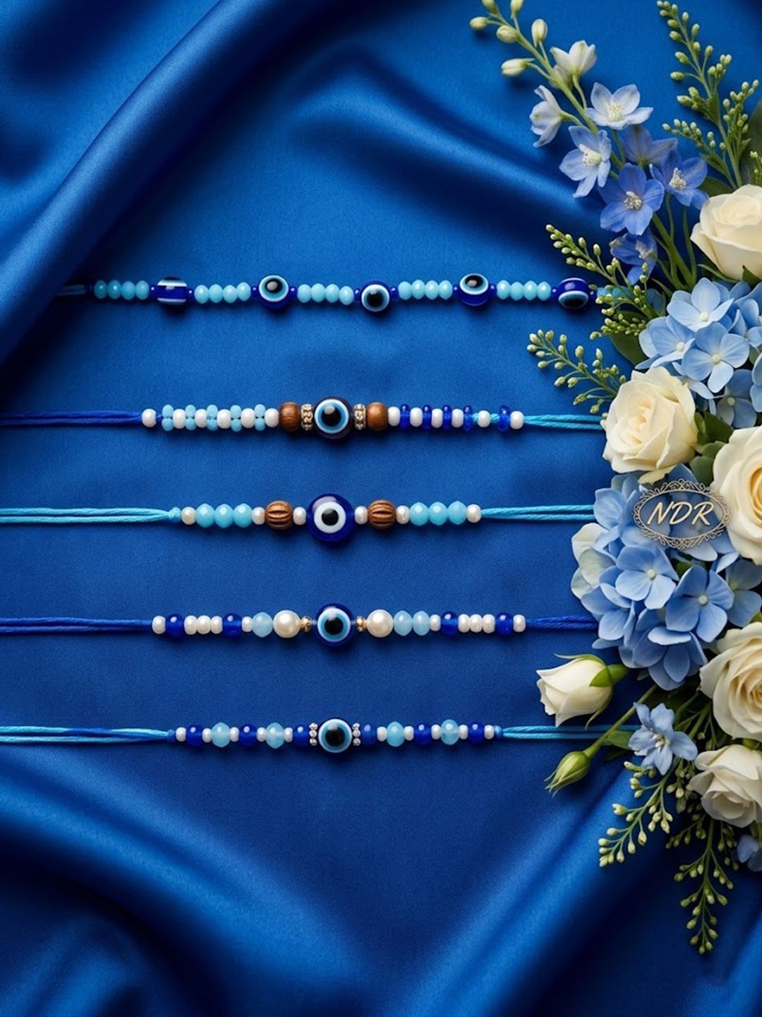 Anouk Set Of 5 Blue Evil Eye Thread Rakhi With Roli Chawal Chandan Mishri