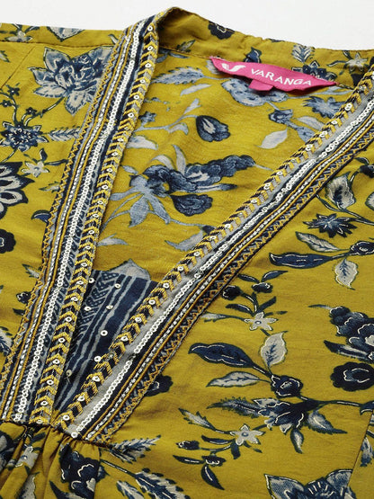 Indyancart VA Women'sFloral Printed V-Neck Sequinned Chanderi Silk Kurta With Trousers & Dupatta