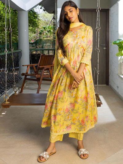 Indyancart SN Women's Yellow Floral Printed Empire Pure Cotton Anarkali Kurta With Trousers & Dupatta