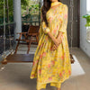 Dhiyona SN Women's Yellow Floral Printed Empire Pure Cotton Anarkali Kurta With Trousers & Dupatta