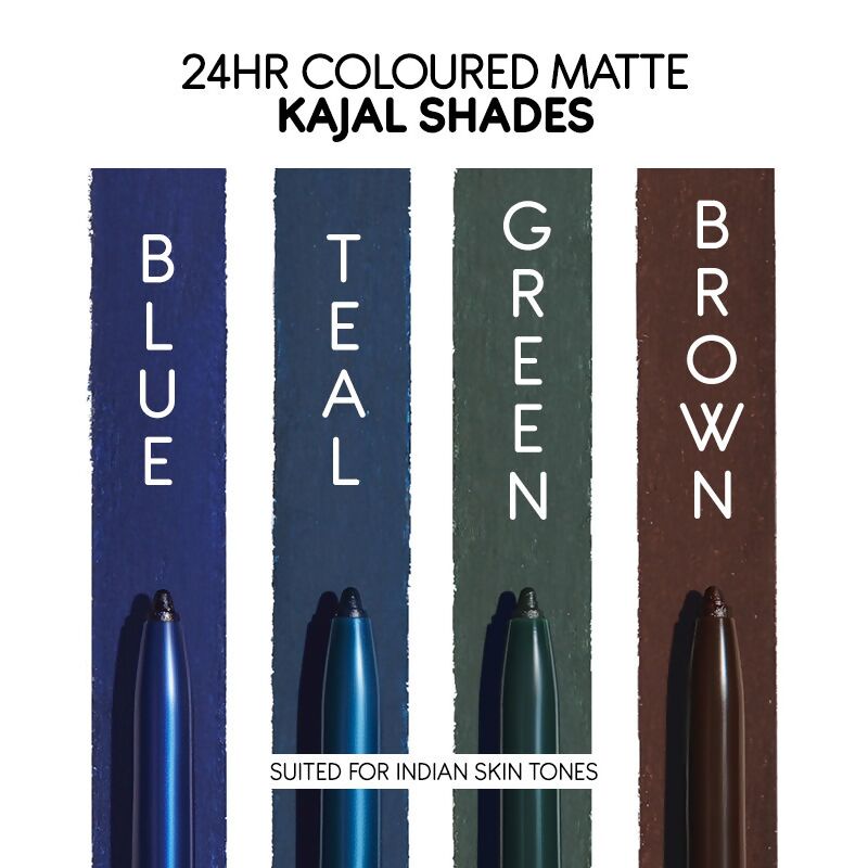 Green Kay Beauty Kajal by Katrina Kaif with a smooth, matte finish and 24-hour color stay, displayed in a sleek black pencil.
