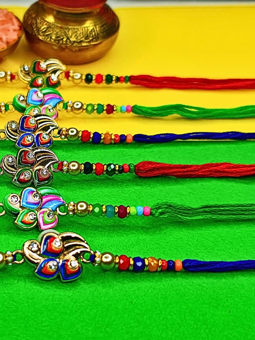Anouk Set Of 6 Beaded Cotton Thread with AD Stones & Meenakari Designer Rakhi for Brother