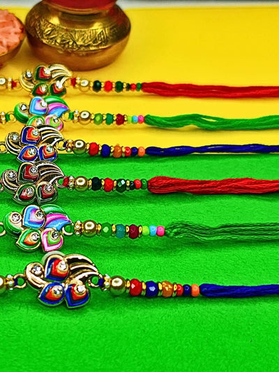 Indyancart Set Of 6 Beaded Cotton Thread with AD Stones & Meenakari Designer Rakhi for Brother