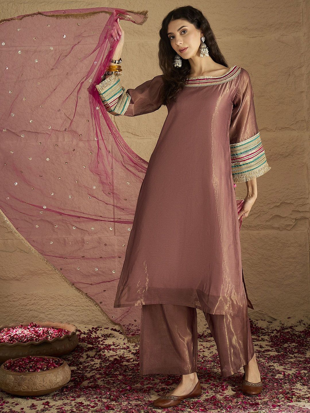 Indyancart VA Women Ethnic Motifs Yoke Design Kurta with Palazzo & Dupatta