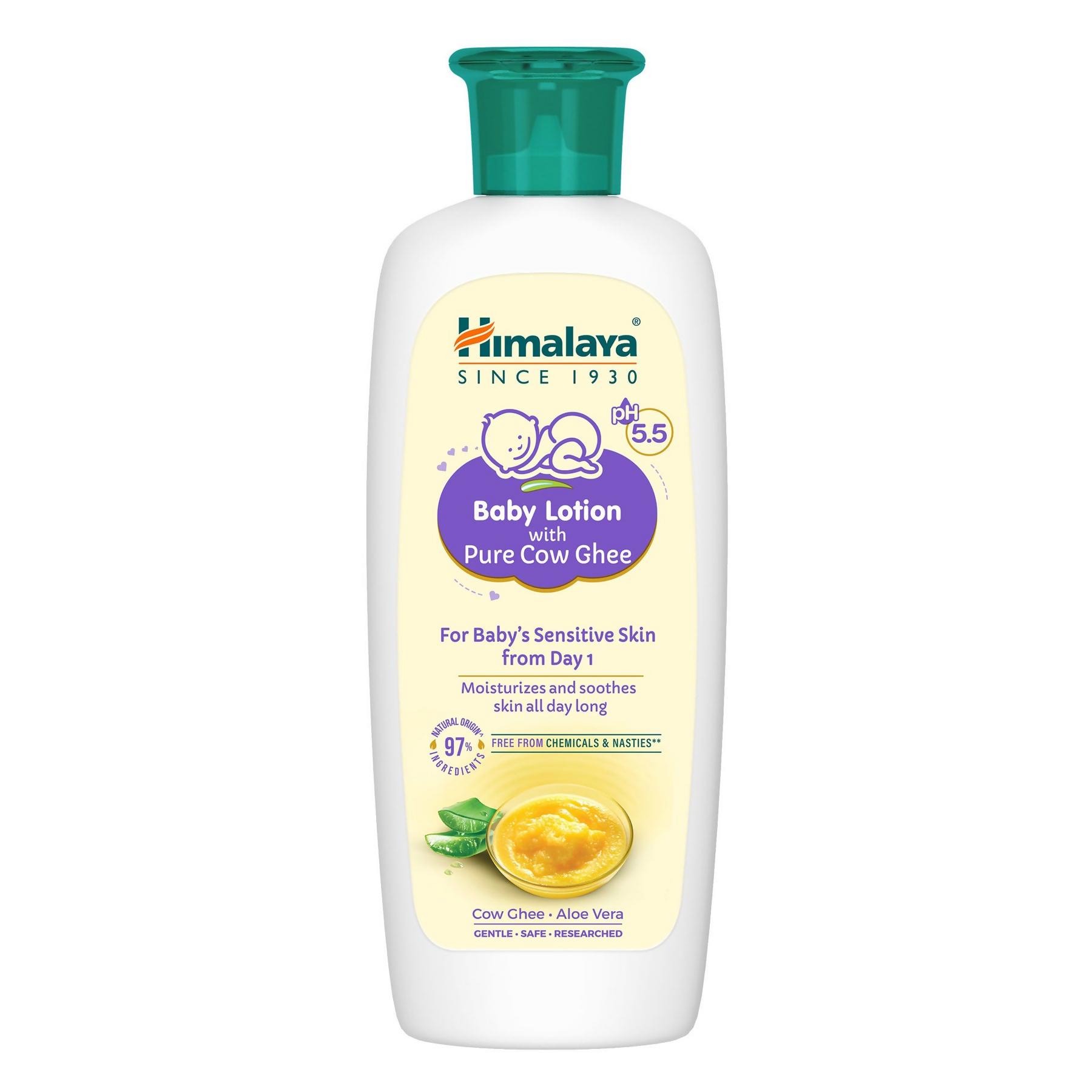 Himalaya Herbals baby lotion with pure cow ghee, showing a white bottle with a pump dispenser and herbal label, suitable for gentle skin.