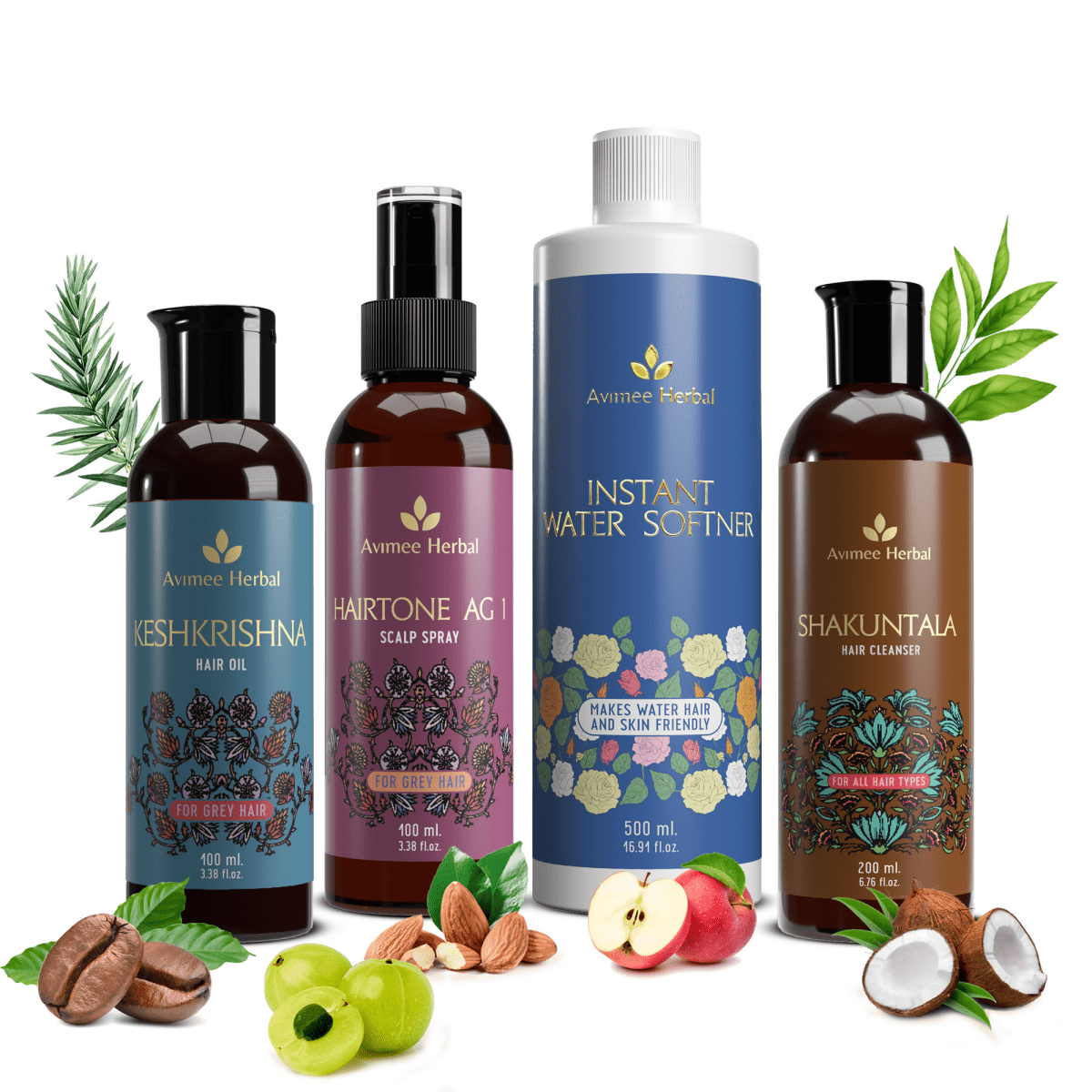 Avimee Herbal anti-grey hair kit with bath powder, Shakuntala cleanser, amla, curry leaf, and henna oil for grey hair care.
