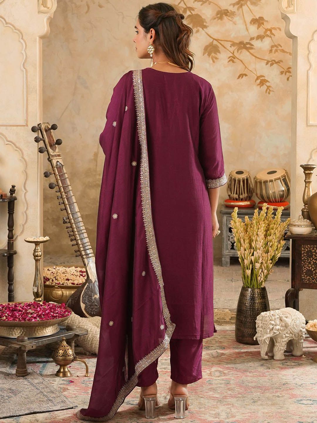 Women Ethnic Motifs Embroidered Regular Sequinned Kurta with Trousers & Dupatta
