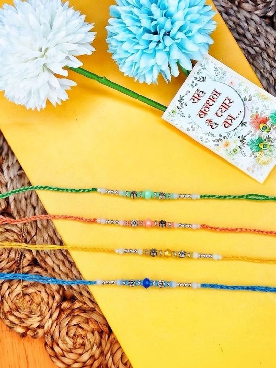 Anouk Set Of 4 Multicolor Artificial Beads Thread Rakhi With Roli Chawal Chandan Mishri
