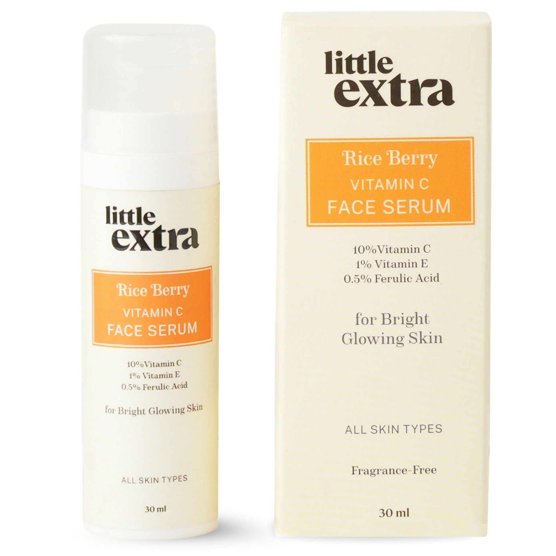 Little Extra Rice Berry 10% Vitamin C face serum in a clear glass bottle, with a dropper, showcasing its natural skincare benefits.