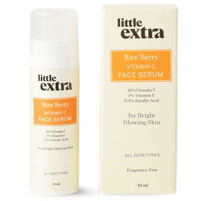 Little Extra Rice Berry 10% Vitamin C face serum in a clear glass bottle, with a dropper, showcasing its natural skincare benefits.