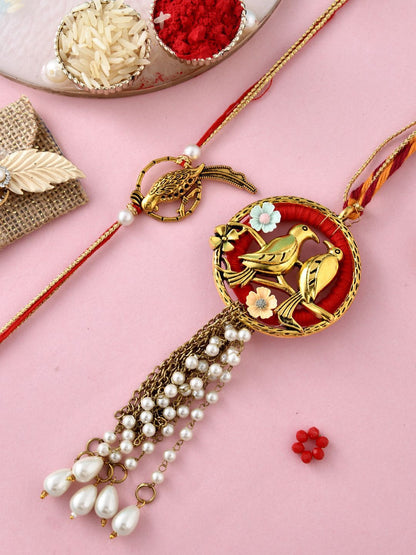 Anouk Gol-Toned Beaded Bhaiya Bhabhi Rakhi With Roli Chawal & Greeting Card