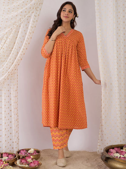Indyancart IE Floral Printed Pure Cotton V Neck A-Line Tunic And Trousers