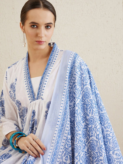 Indyancart IE V Neck Floral Printed Panelled Pure Cotton A-Line Kurta Set