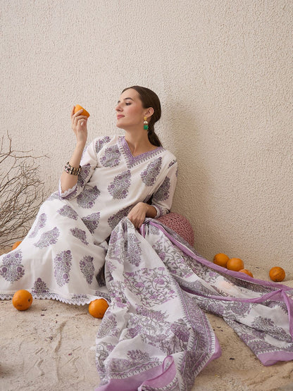 Indyancart IE Floral Printed V-Neck Pure Cotton Sequinned Kurta With Trousers & Dupatta