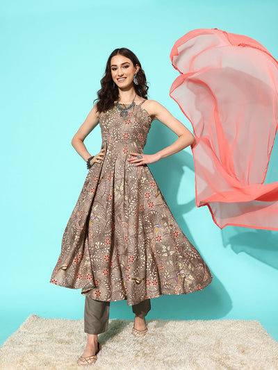 Indyancart VA Women'sFloral Printed Regular Kurta with Trousers & With Dupatta
