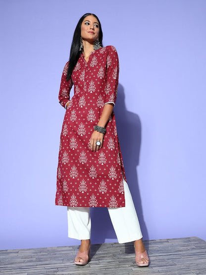 Dhiyona IE Women Maroon & White Pure Cotton Ethnic Motifs Printed Kurta
