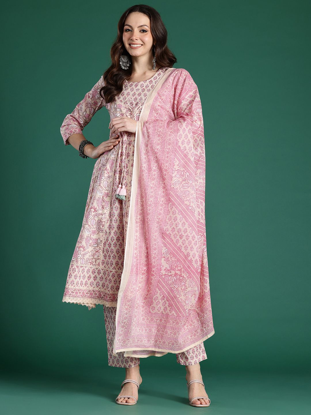 Indyancart IE Floral Printed Panelled Pure Cotton Kurta with Trousers & With Dupatta