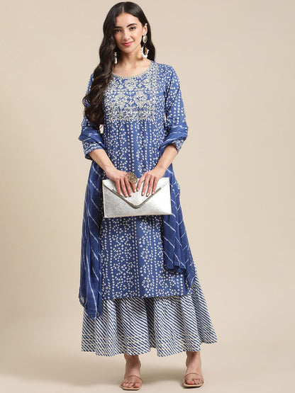 Indyancart VA Women'sBlue And White Zari Embroidery Leheriya Kurta Sharara Set With Leheriya Dupatta