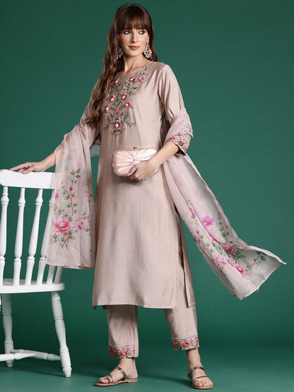 Indyancart IE Floral Embroidered Thread Work Kurta with Trousers & With Dupatta