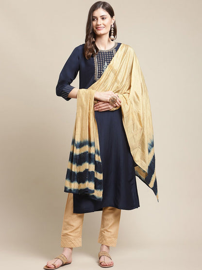 Indyancart VA Women's Navy Blue Floral Embroidered Kurti Set With Dupatta