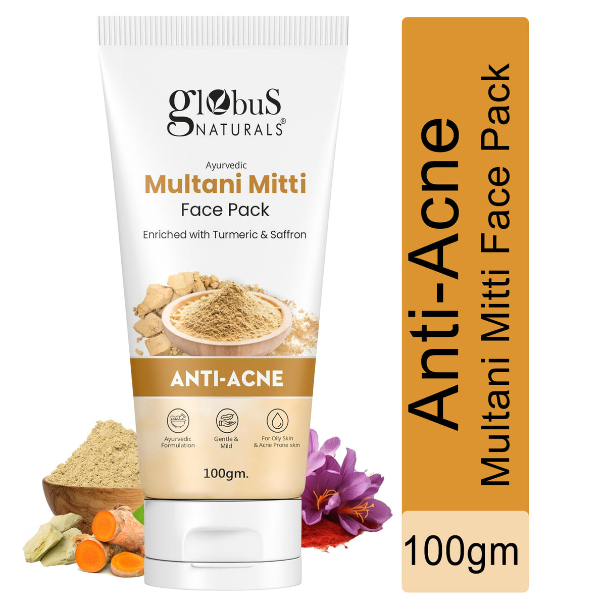 Globus Naturals Anti Acne Multani Mitti face pack in a bowl with a wooden spoon, showcasing the natural clay formula for clear skin.