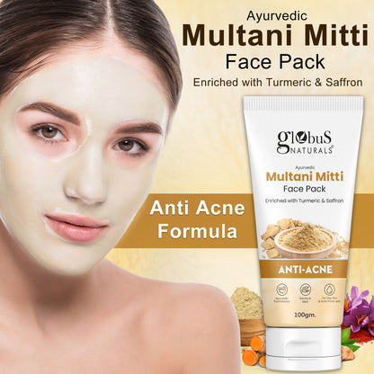 Globus Naturals Anti Acne Multani Mitti Face Pack in a jar, showing the creamy clay mask with natural ingredients for clear skin.