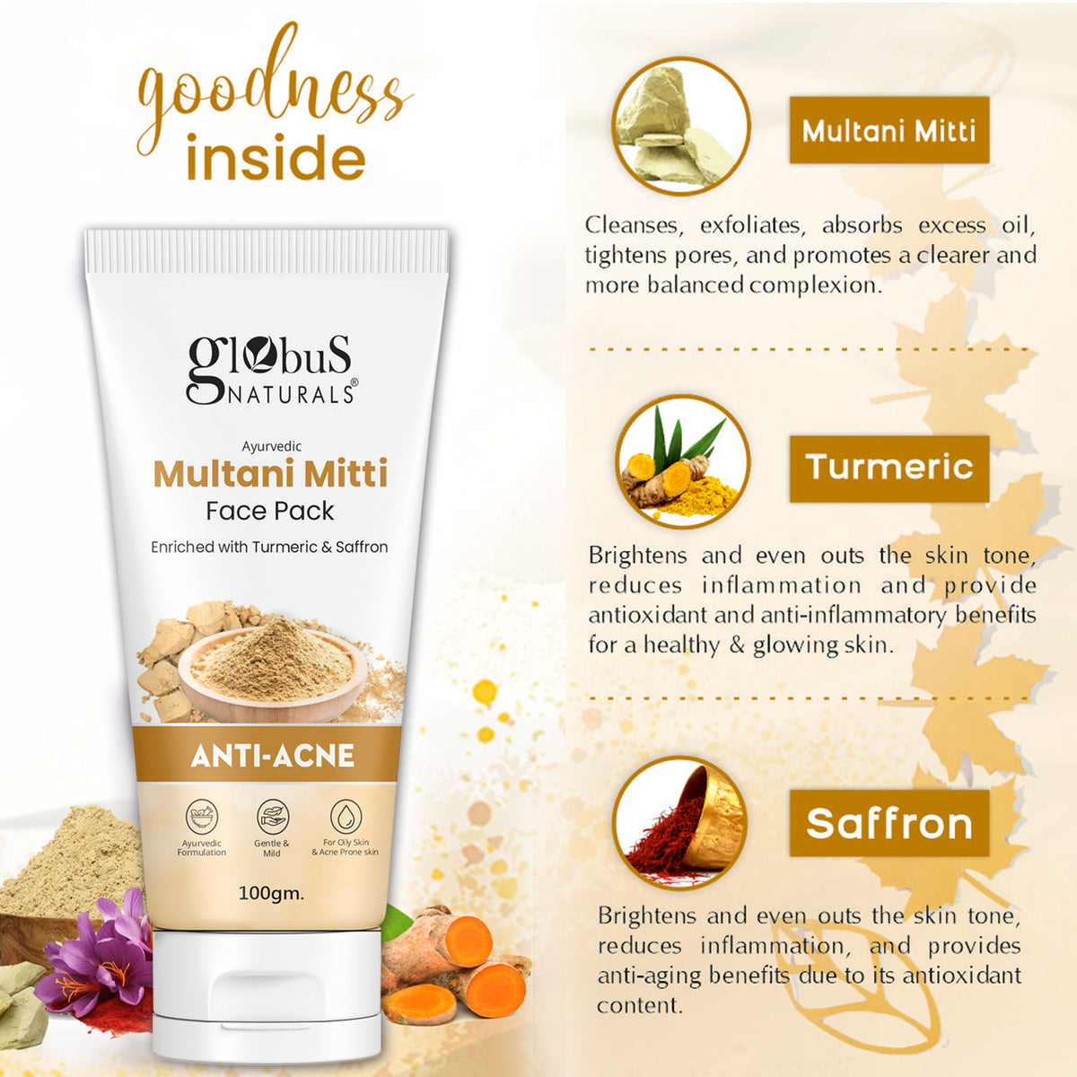 Globus Naturals Anti Acne Multani Mitti Face Pack in a bowl showing the clay-based skincare product with natural ingredients.