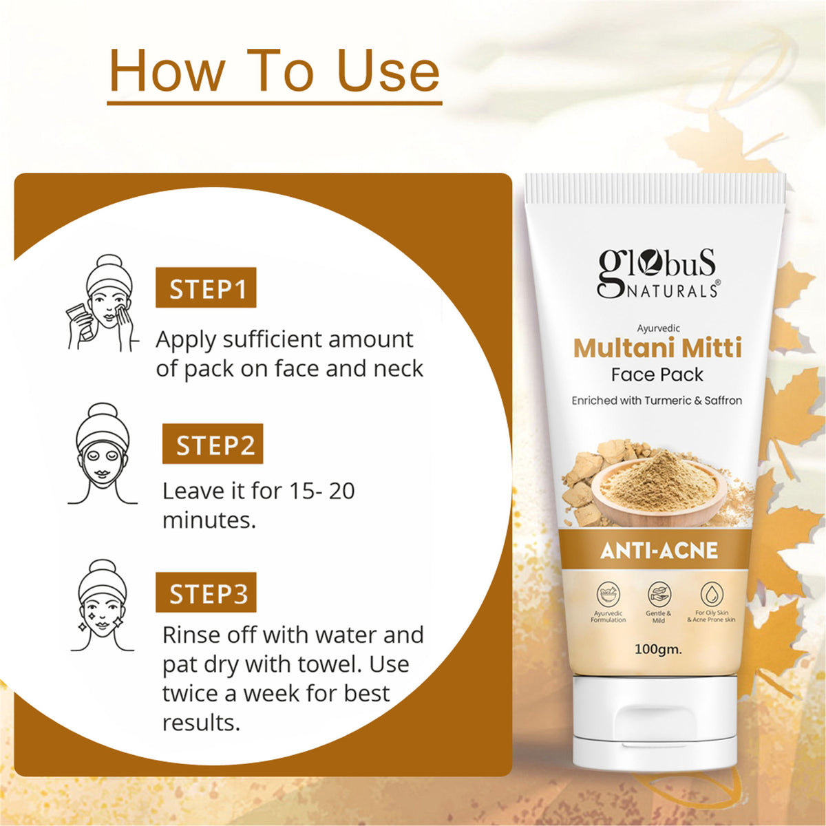 Globus Naturals Anti Acne Multani Mitti Face Pack in a bowl with natural clay mixture and fresh herbs, ready for skincare.