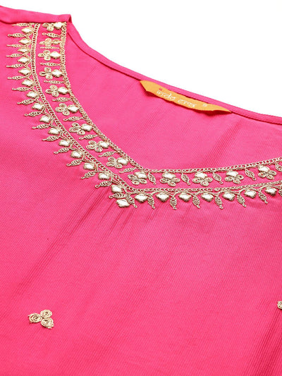 Indyancart IE Embroidered Liva Kurta with Trousers & With Bandhani Print Dupatta