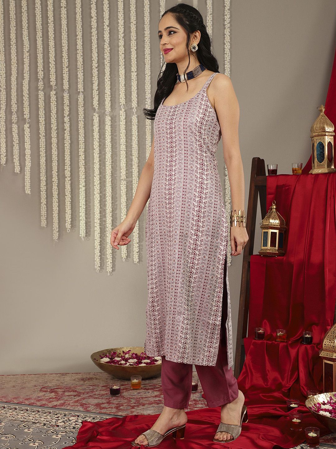 Indyancart VA Women'sMauve Ethnic Motifs Woven Design Kurta with Trousers & Dupatta