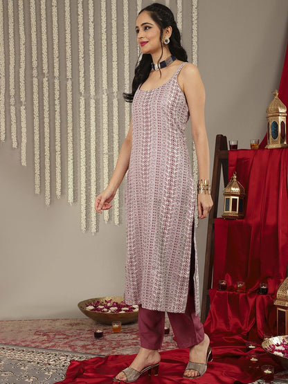 Indyancart VA Women'sMauve Ethnic Motifs Woven Design Kurta with Trousers & Dupatta