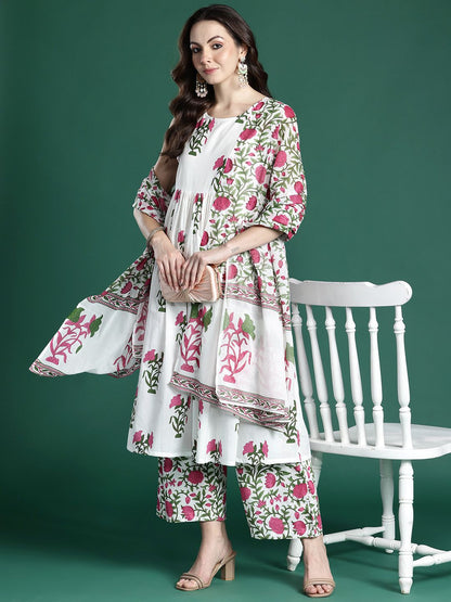 Women Floral Printed Pleated Pure Cotton Kurta with Palazzos & With Dupatta
