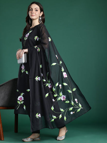Indyancart IE Floral Printed Pure Cotton Kurta With Trousers & Dupatta