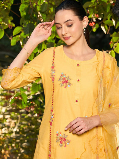 Indyancart IE Ethnic Motifs Embroidered Thread Work Pure Cotton Kurta with Trousers & Dupatta
