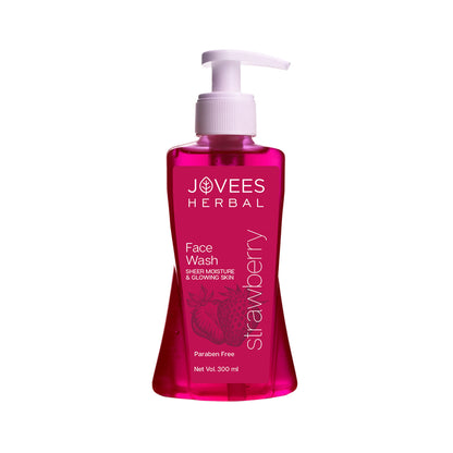 Jovees Herbal Strawberry Face Wash with natural ingredients, showing the product bottle and fresh strawberries on the label.