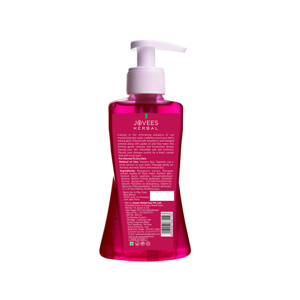 Jovees Herbal Strawberry Face Wash in a bottle with strawberry extract, designed for gentle facial cleansing and refreshing skin.