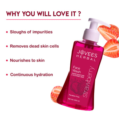 Jovees Herbal Strawberry Face Wash in a pump bottle, showing the product with fresh strawberries and herbal ingredients.